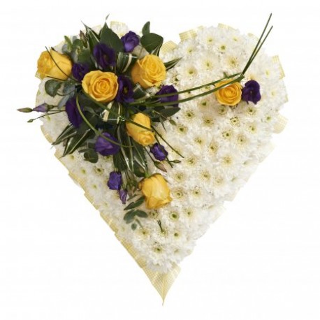 White Massed Heart with Yellow & Purple spray